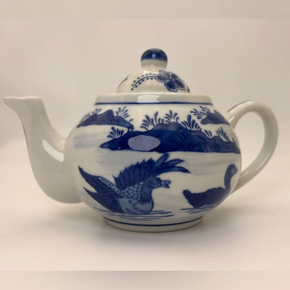 Vintage Blue and White Chinoiserie Ceramic Teapot with Ducks on Pond